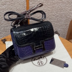 에르메스 Hermes Constance 19cm Bright faced Alligator V0 Vert Rousseau and 73 Blue Saphir/Noir