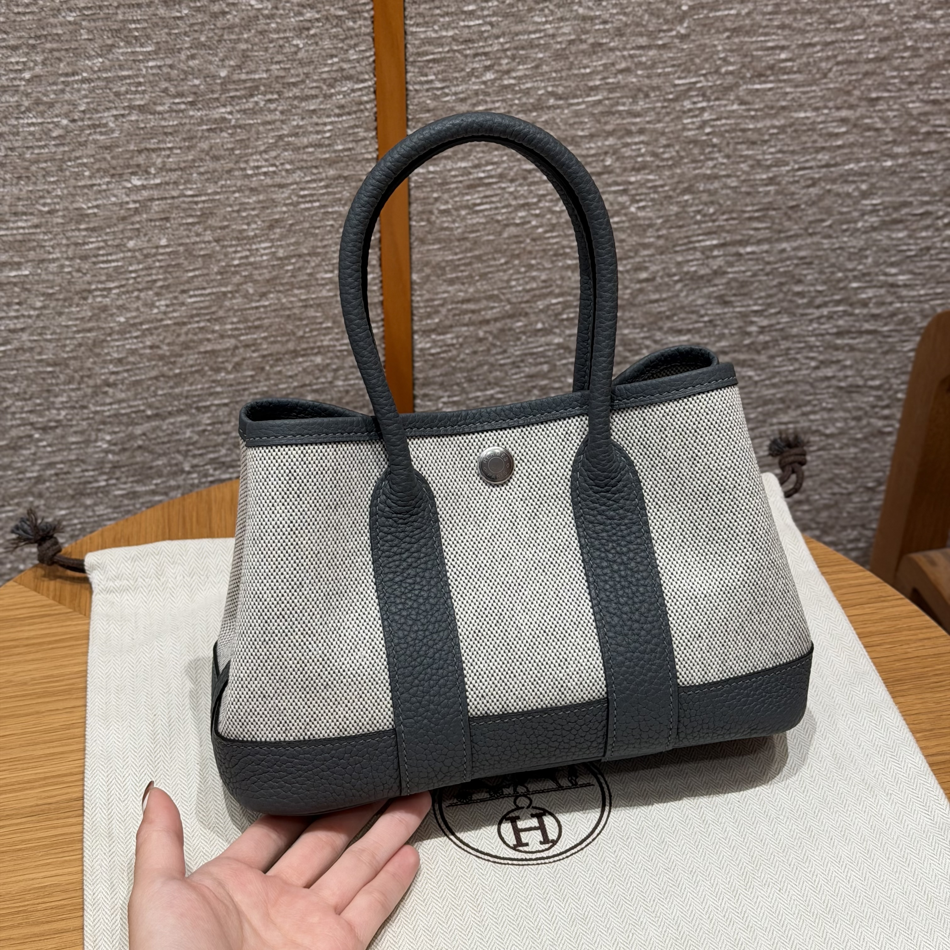 에르메스 Hermes Garden party mini 23cm Canbas and Negonda ecru noir Ardoise