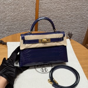 에르메스 Hermes Mini Kelly 19cm Bright faced Alligator M3 Blue encer/gold
