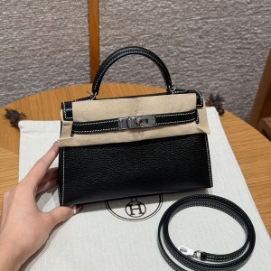 에르메스 Hermes Mini Kelly 19cm Chèvre 89 Noir and 80 Gris Perle/silver