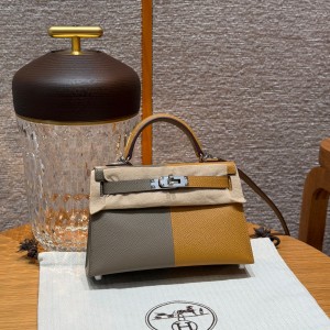 에르메스 Hermes Mini Kelly 19cm Epsom 18 Etoupe 2S Sesame  2Z Blue Nuit/silver