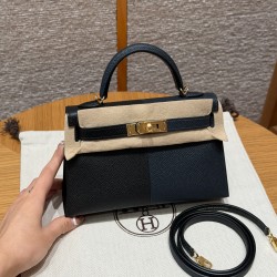 에르메스 Hermes Mini Kelly 19cm Epsom 89 Noir 76 Blue indigo K1 Rouge grenat/gold
