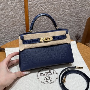 에르메스 Hermes Mini Kelly 19cm Epsom and Bright faced American Alligator 73 Blue saphir/gold