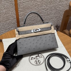 에르메스 Hermes Mini Kelly 19cm KK ostrich 8U Blue glacier/silver