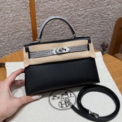 에르메스 Hermes Mini Kelly 19cm Madame and Bright faced American Alligator 89 Noir and 0V Gris Ciment/gold