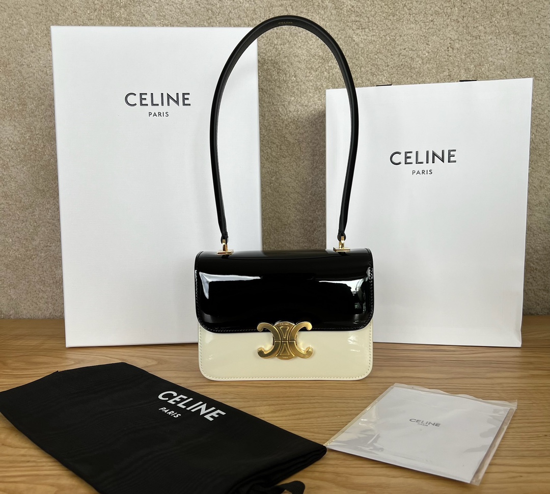 셀린느 Celine 118053 Teen Garance Bag in Bicolour Patent Calfskin Black White 18.5cm