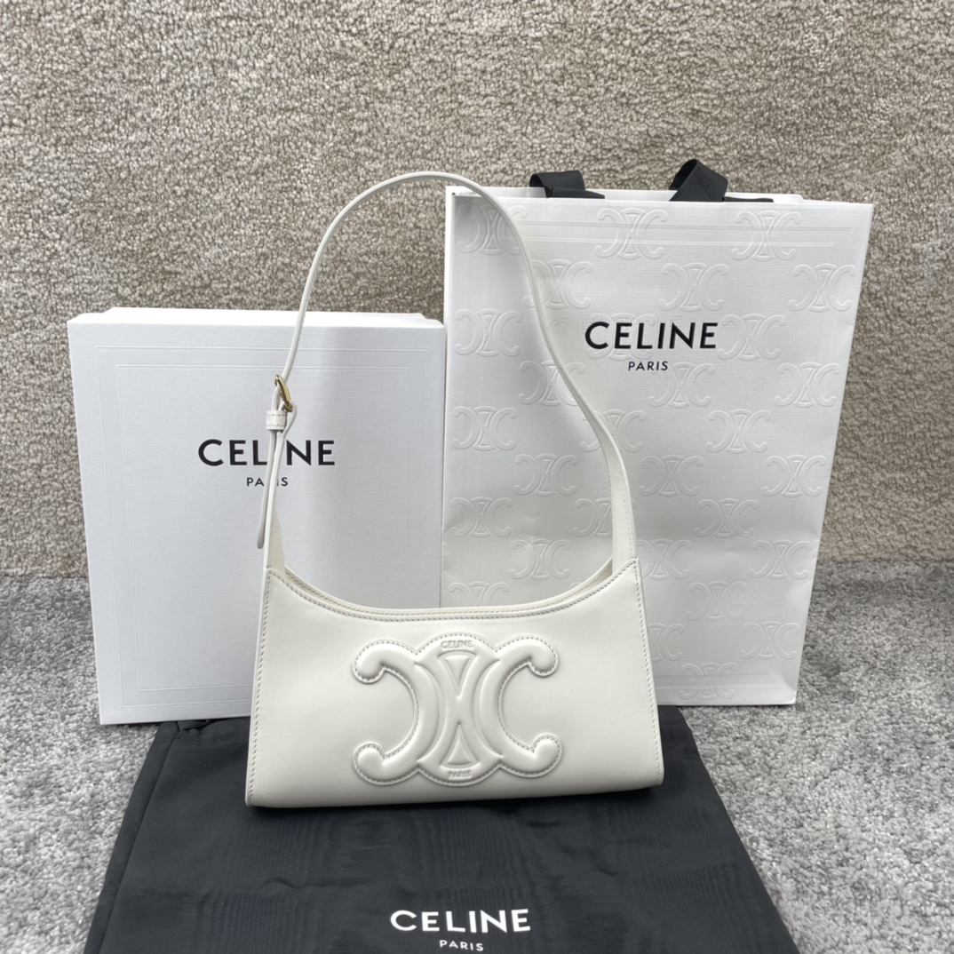 셀린느 Celine 198153 Shoulder Bag Cuir Triomphe in Smooth Calfskin White 24cm