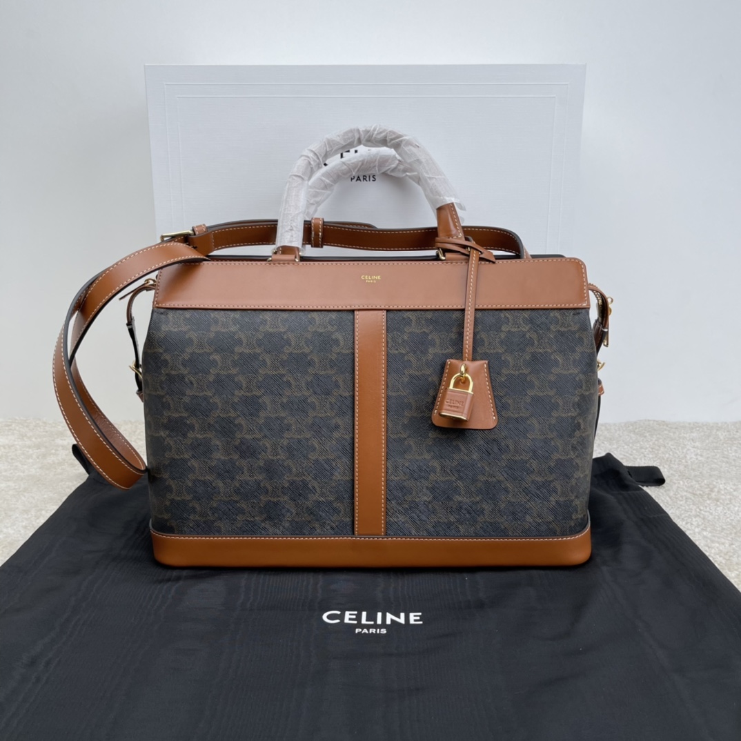 셀린느 Celine 192662 Medium Cabas de France Bag in Triomphe Canvas and Calfskin Tan 37cm
