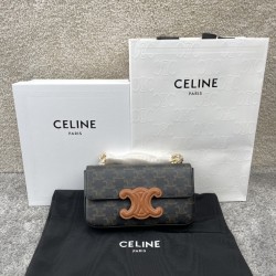셀린느 Celine 199242 Chain Shoulder Bag Cuir Triomphe in Triomphe Canvas and Calfskin Tan 20.5cm