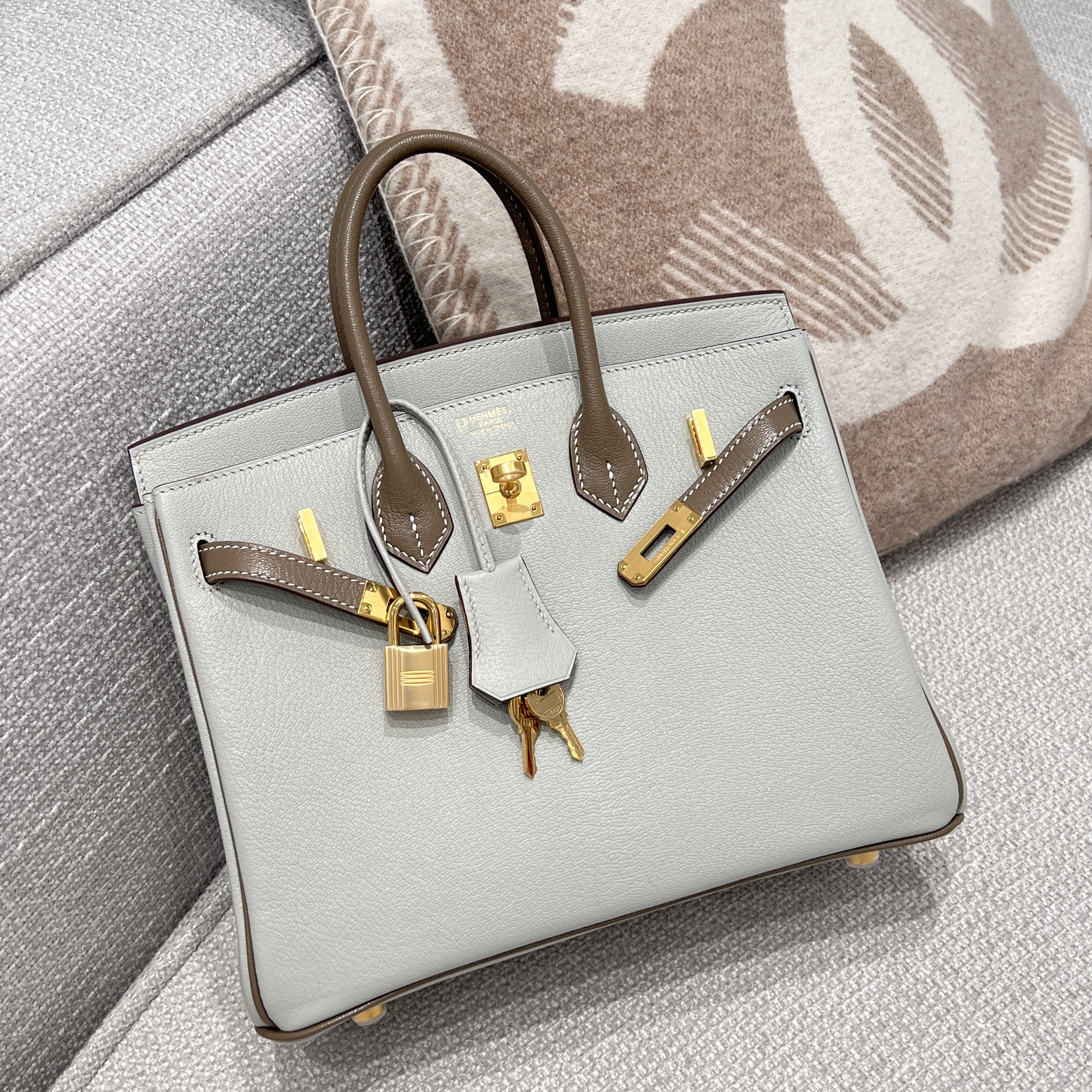 에르메스 Hermes Birkin 25cm Mysore 80 Gris Perle and 18 Etoupe/gold