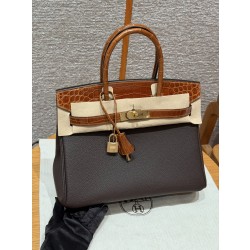 에르메스 Hermes Birkin 30cm Togo and Niloticus 47 Chocolate and 33 Miel/gold