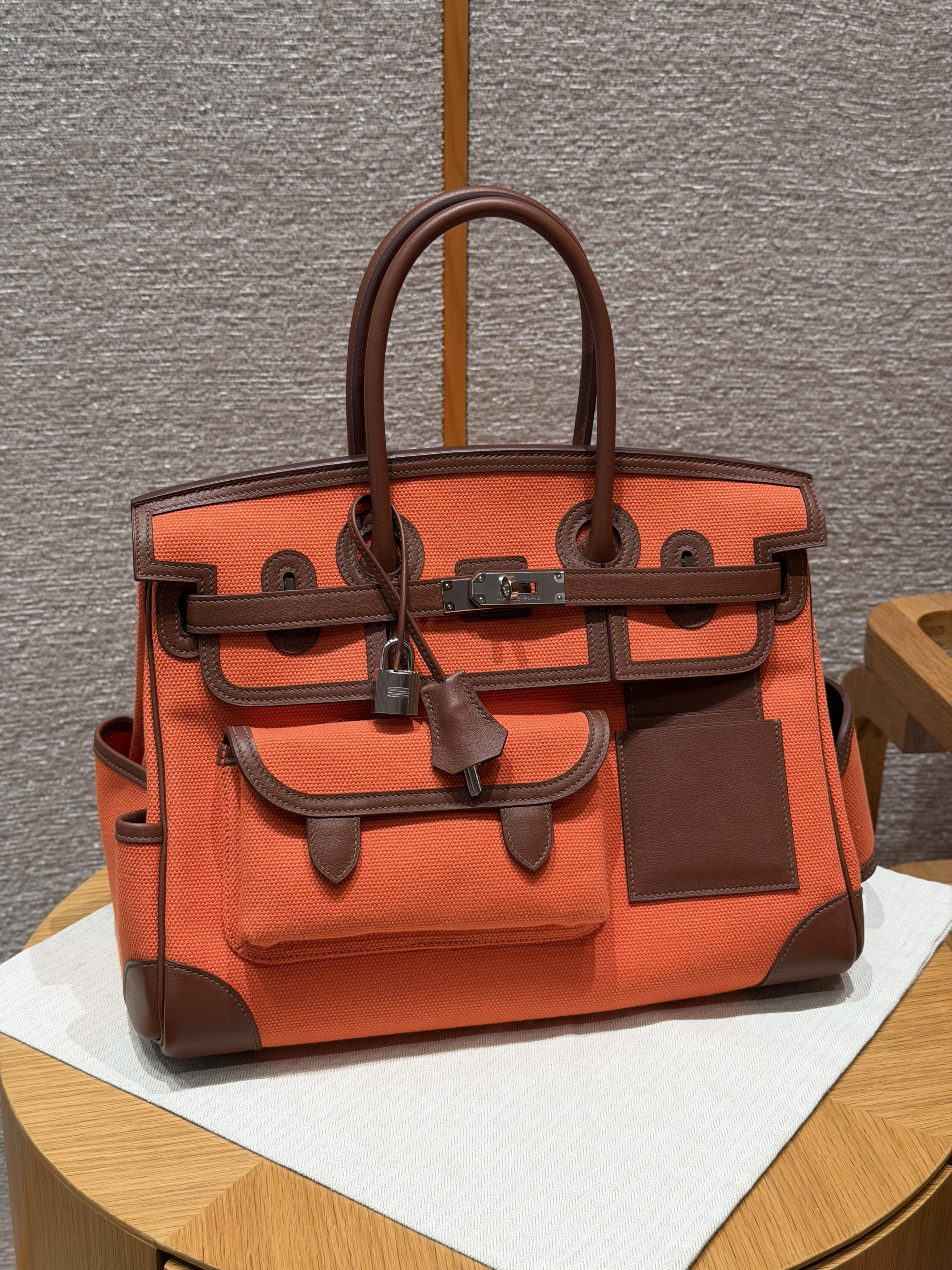 에르메스 Hermes Birkin Cargo 35cm Swift and Canvas G0 Orange Field and 47 Chocolate/silver