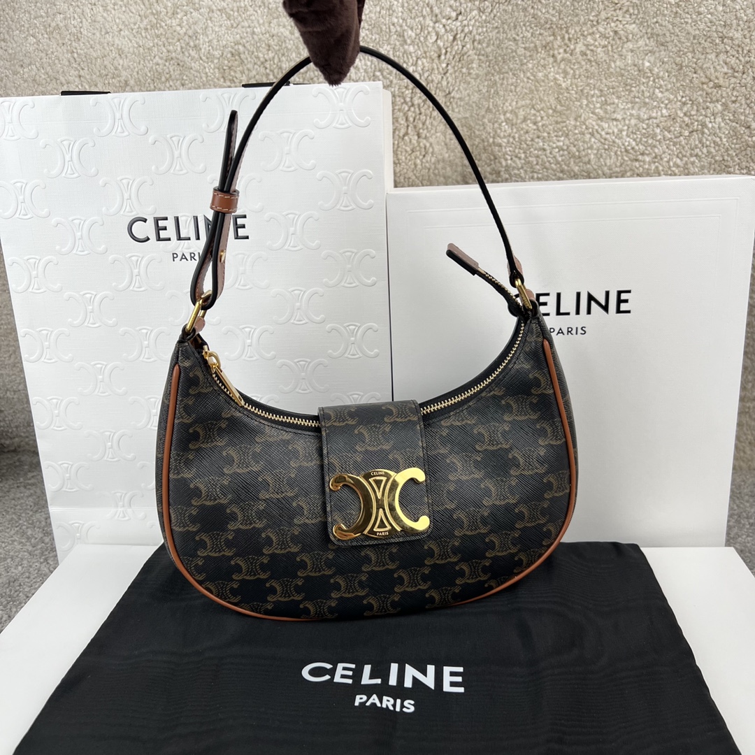 셀린느 Celine 114492 Medium Ava Triomphe Bag in Triomphe Canvas Calfskin Tan 23cm