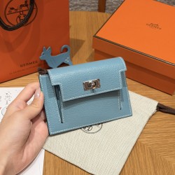에르메스 Hermes Kelly pocker wallet 13cm Chèvre 75 Blue Jean/silver