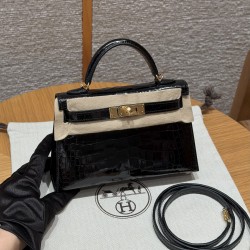 에르메스 Hermes Mini Kelly 19cm Bright faced Alligator 89 Noir/gold