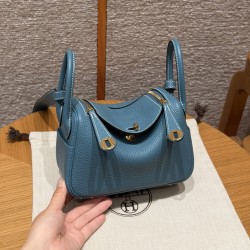 에르메스 Hermes Mini Lindy 19cm Clemence 75 Blue Jean/gold
