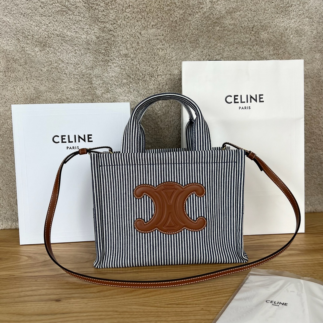 셀린느 Celine 199162 Small Cabas Thais in Striped Textile Navy Blue 25cm