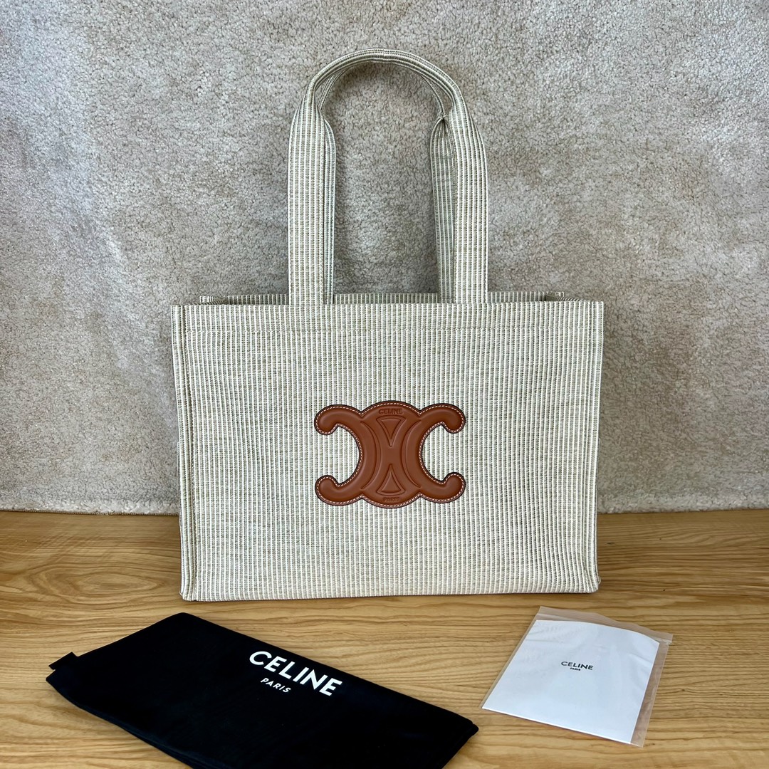 셀린느 Celine 196762 Large Cabas Thais in Striped Textile Beige 40cm