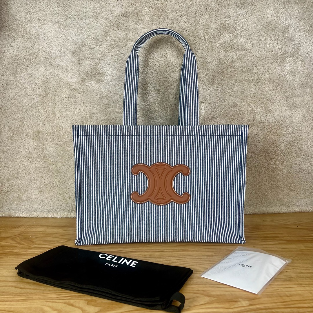 셀린느 Celine 196762 Large Cabas Thais in Striped Textile Navy Blue 40cm