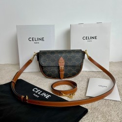 셀린느 Celine 122652 Folco Shoulder Bag in Triomphe Canvas and Calfskin Tan 20cm