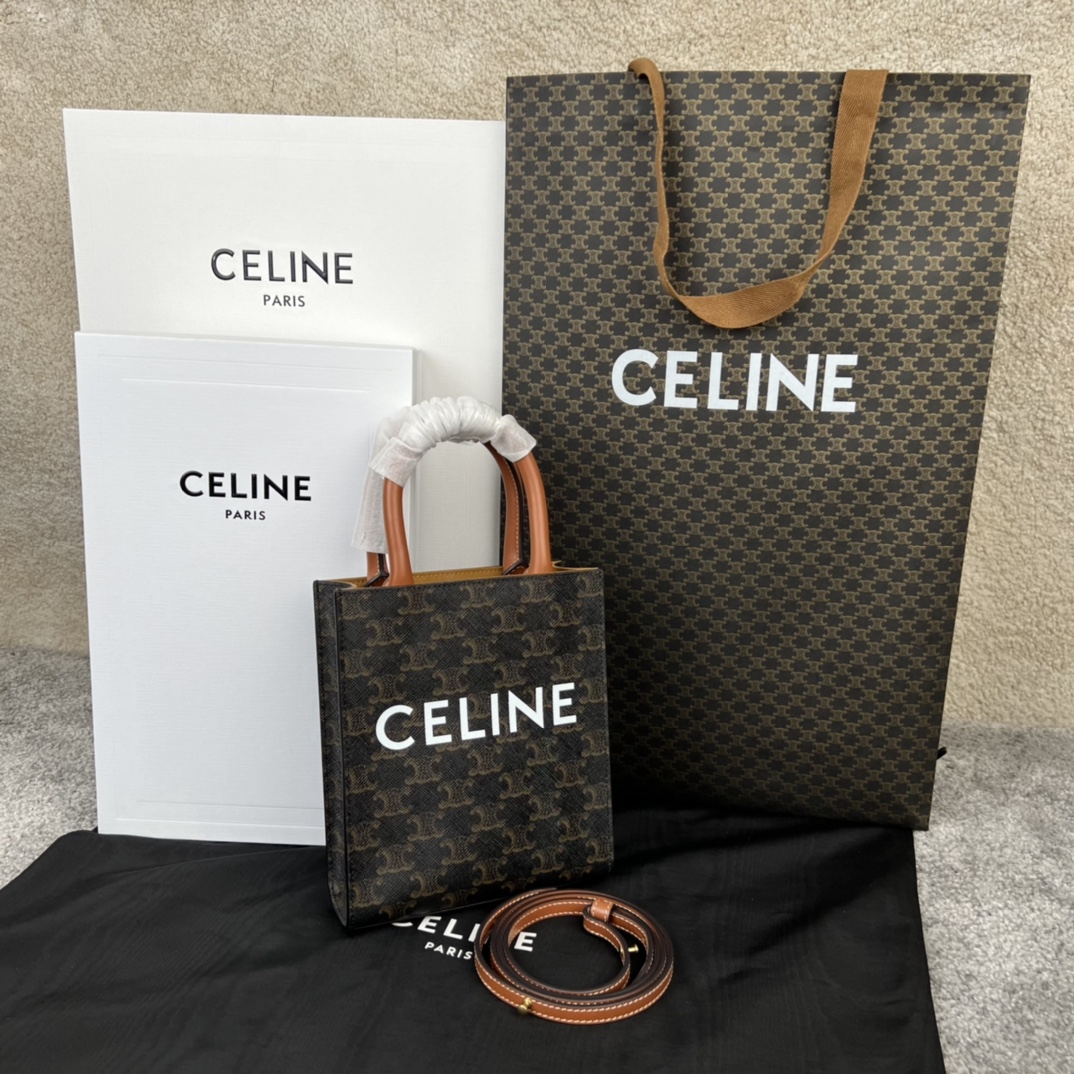 셀린느 Celine 194372 Mini Vertical Cabas in Triomphe Canvas and Calfskin with Celine Print Tan