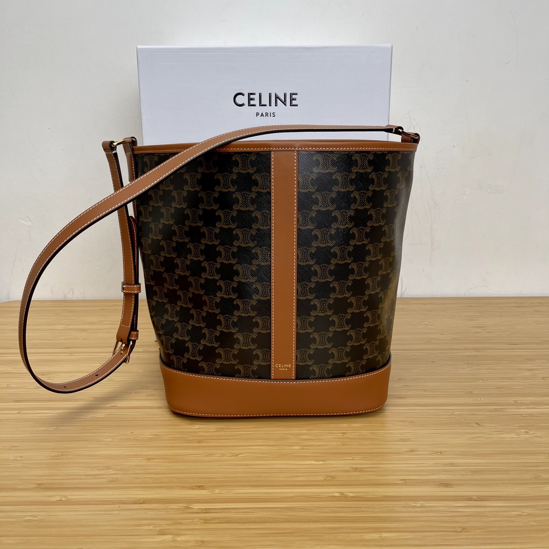 셀린느 Celine 191132 Medium Bucket in Triomphe Canvas and Calfskin Tan
