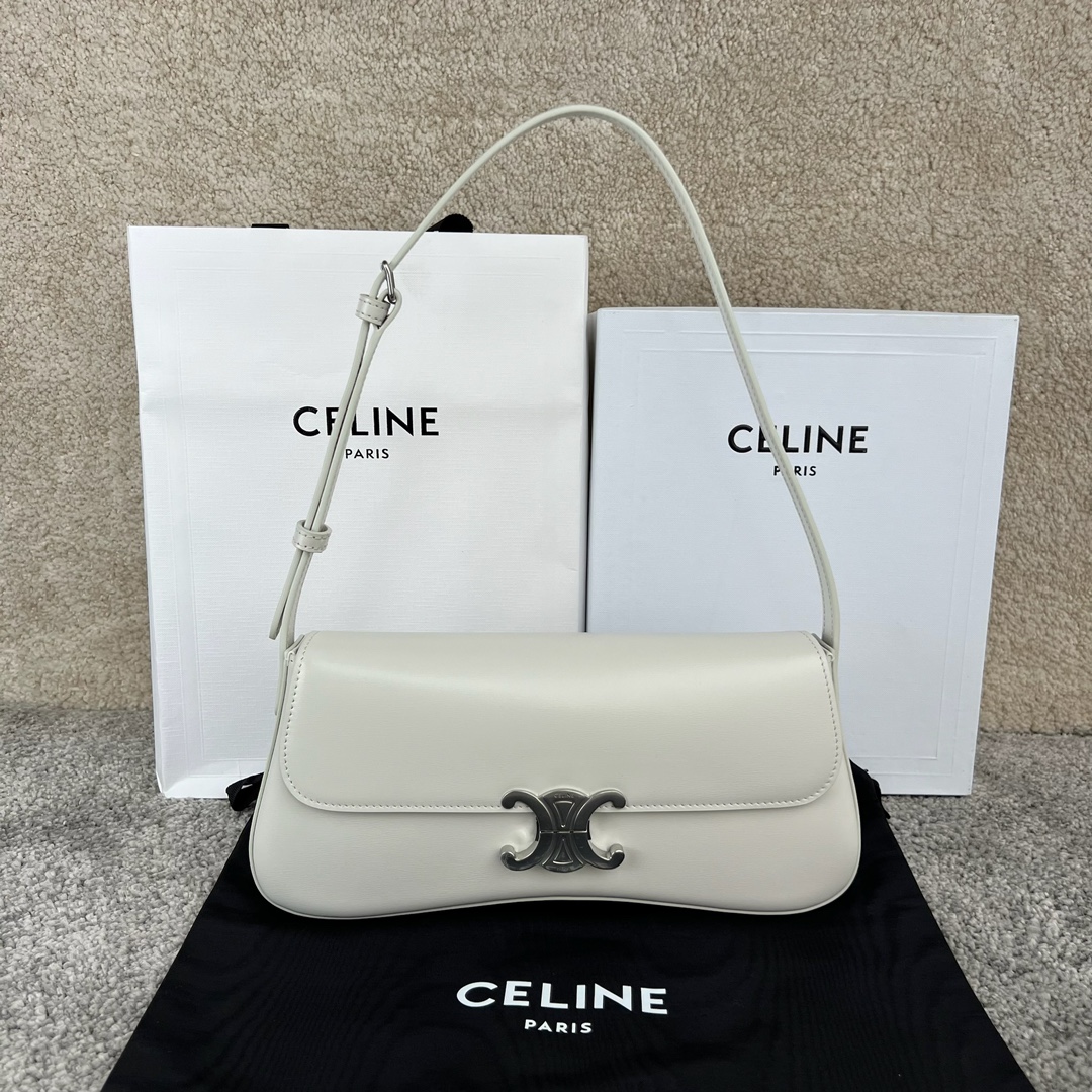 셀린느 Celine 115533 Medium Celine Lola Bag in Shiny Calfskin White 28cm