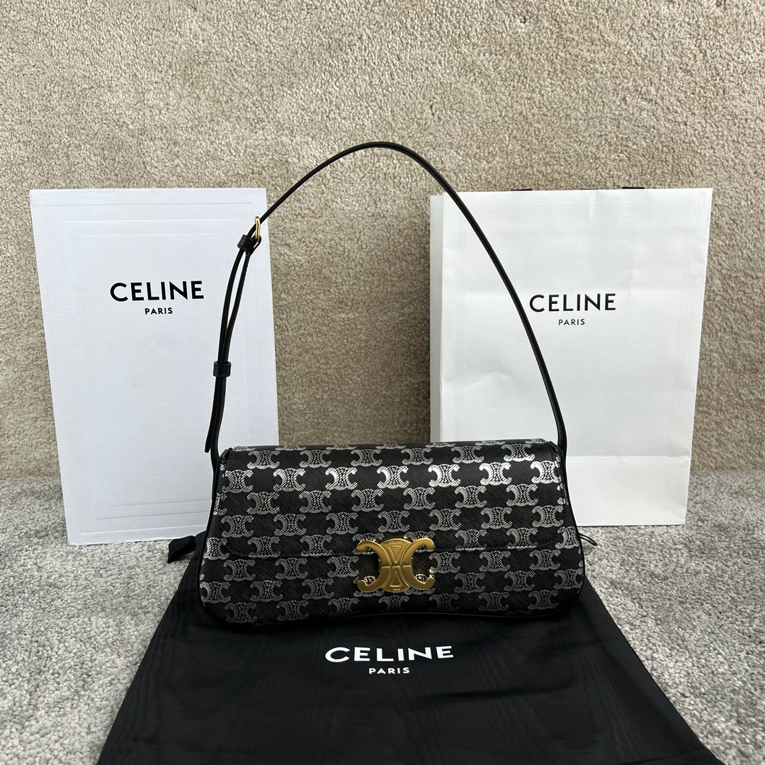 셀린느 Celine 115532 Medium Lola Bag In Triomphe Canvas Two-Tone Black 28cm
