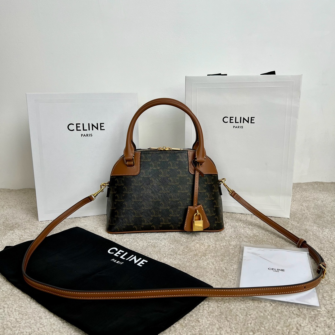 셀린느 Celine 121082 Small Bowling in Triomphe Canvas and Calfskin Tan 25cm