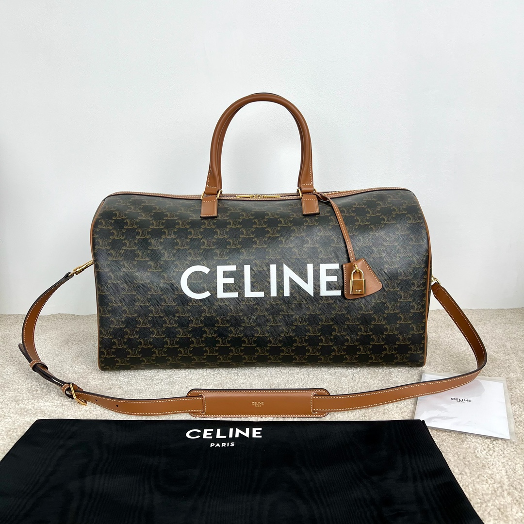 셀린느 Celine 191472 Large Voyage Bag in Triomphe Canvas with Celine Print Tan 50cm