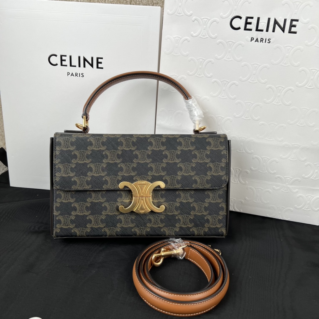 셀린느 Celine 199992 Box Triomphe in Triomphe Canvas and Calfskin Tan 22cm