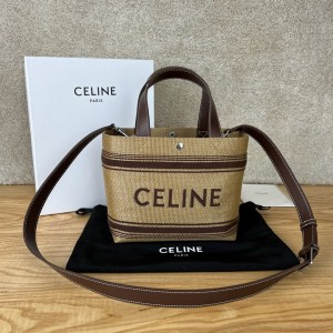 셀린느 Celine 116992 Mini Cabas in Textile with Raffia Effect and Calfskin Natural Chestnut 23cm