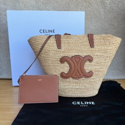 셀린느 Celine 114342 Medium Supple Celine Classic Panier in Raffia and Calfskin Tan