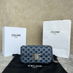 셀린느 Celine 115202 Chain Shoulder Bag Claude in Denim with Triomphe All-Over Denim Silver 20.5cm