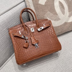 에르메스 Hermes Birkin 25cm Fauve Barenia Porosus crocodile 37 Gold/silver