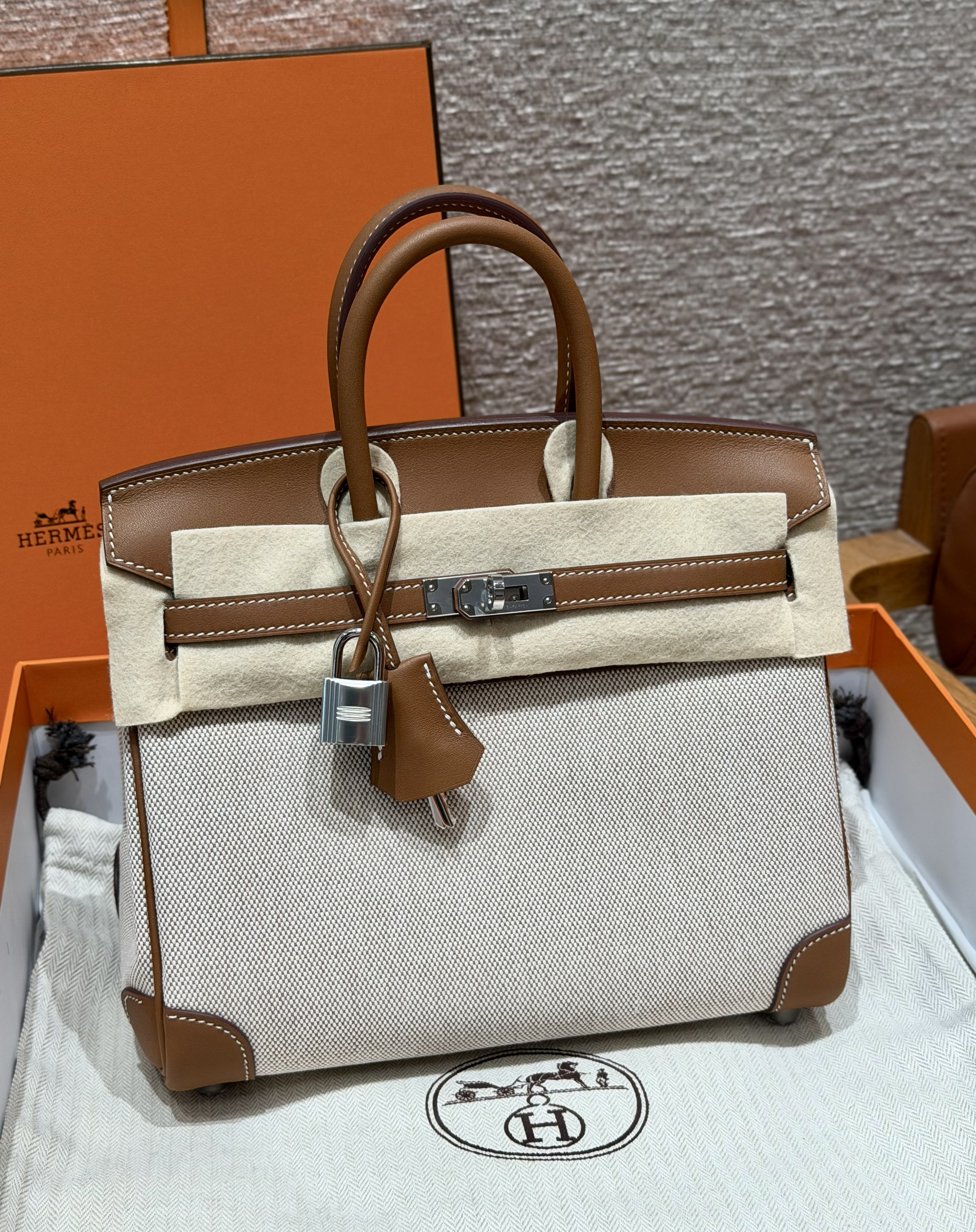 에르메스 Hermes Birkin 25cm Canvas and Swift 37 Gold/silver