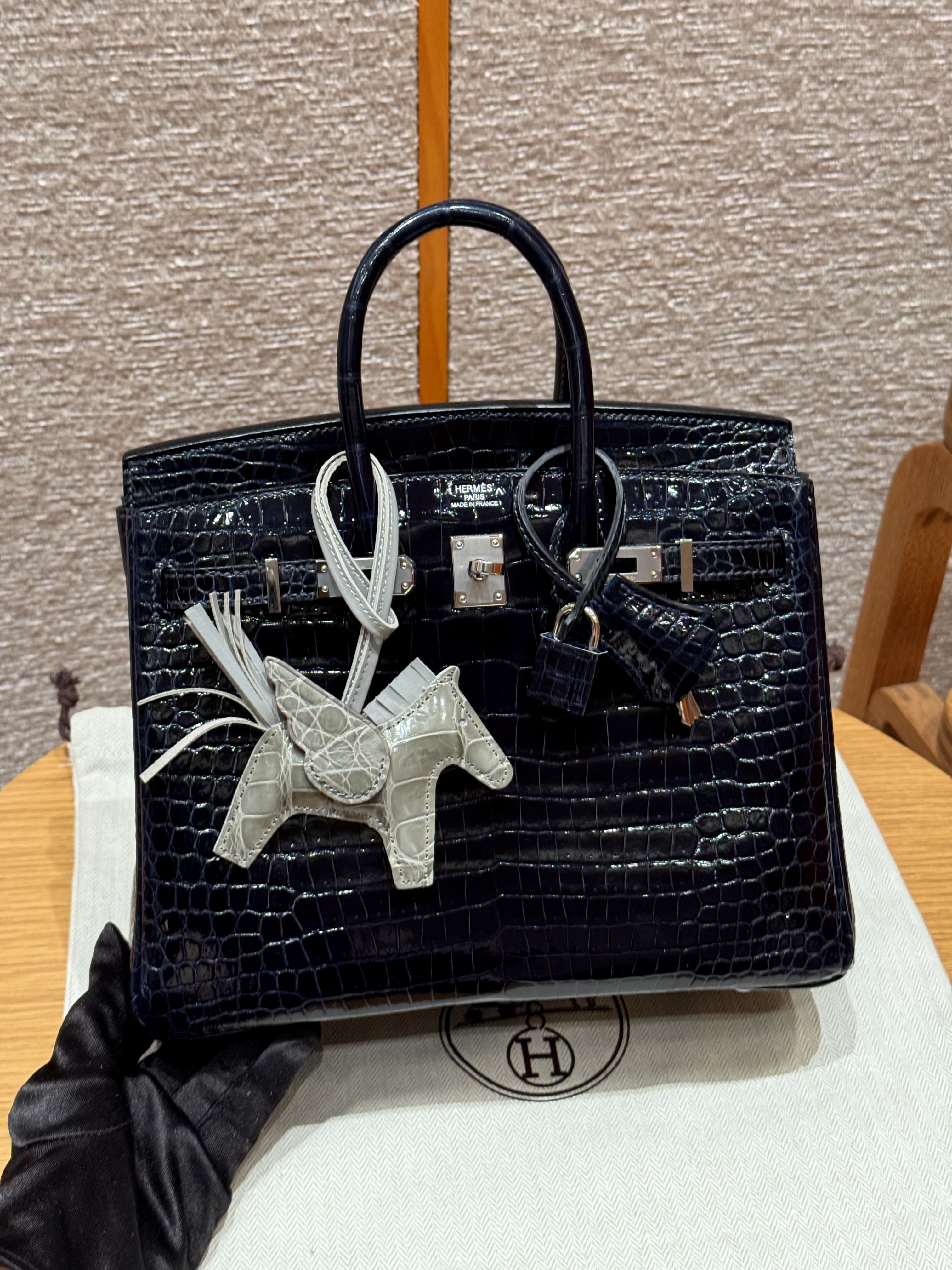 에르메스 Hermes Birkin 25cm Porosus Crocodile 78 Blue Marine/silver