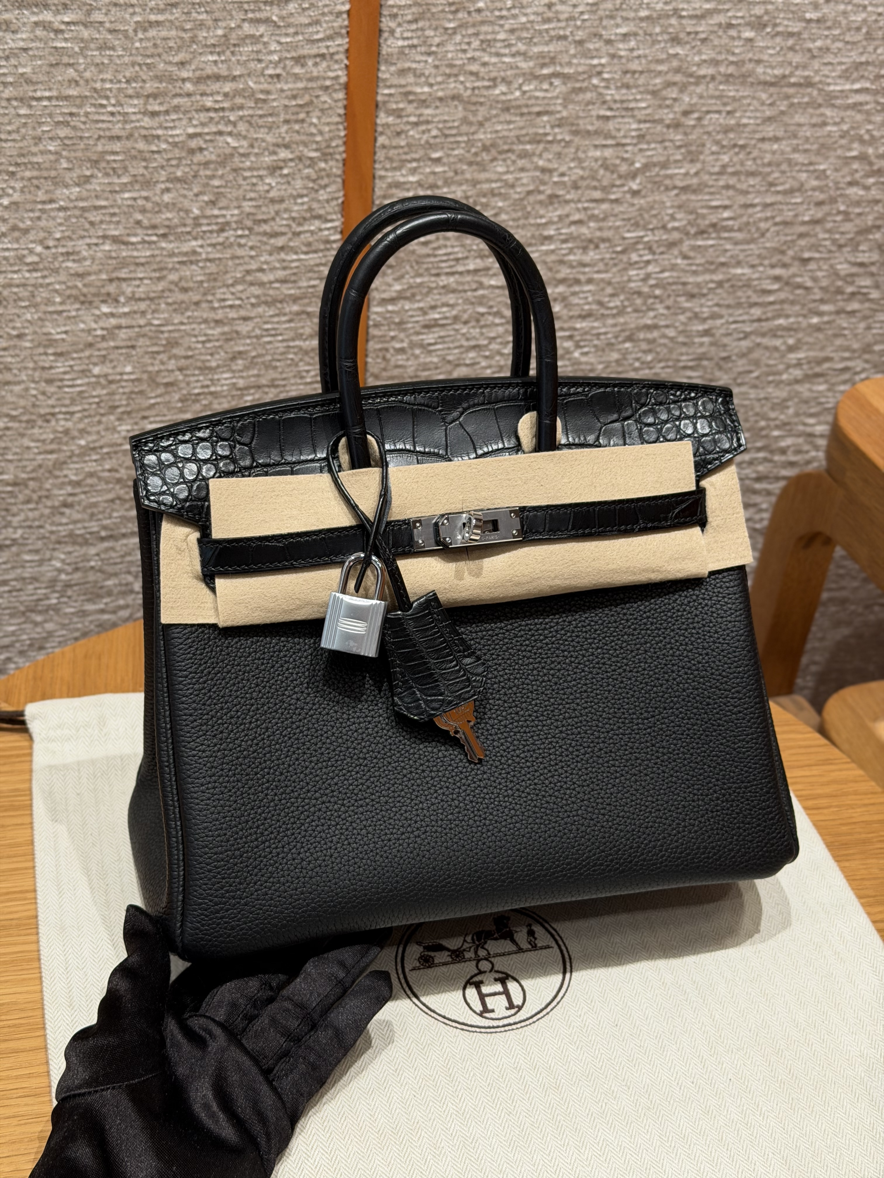 에르메스 Hermes Birkin 25cm Togo and Matte Alligator 89 Noir/silver