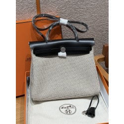 에르메스 Hermes Herbag 31cm canvas and cowhide Ecru noir nior/silver