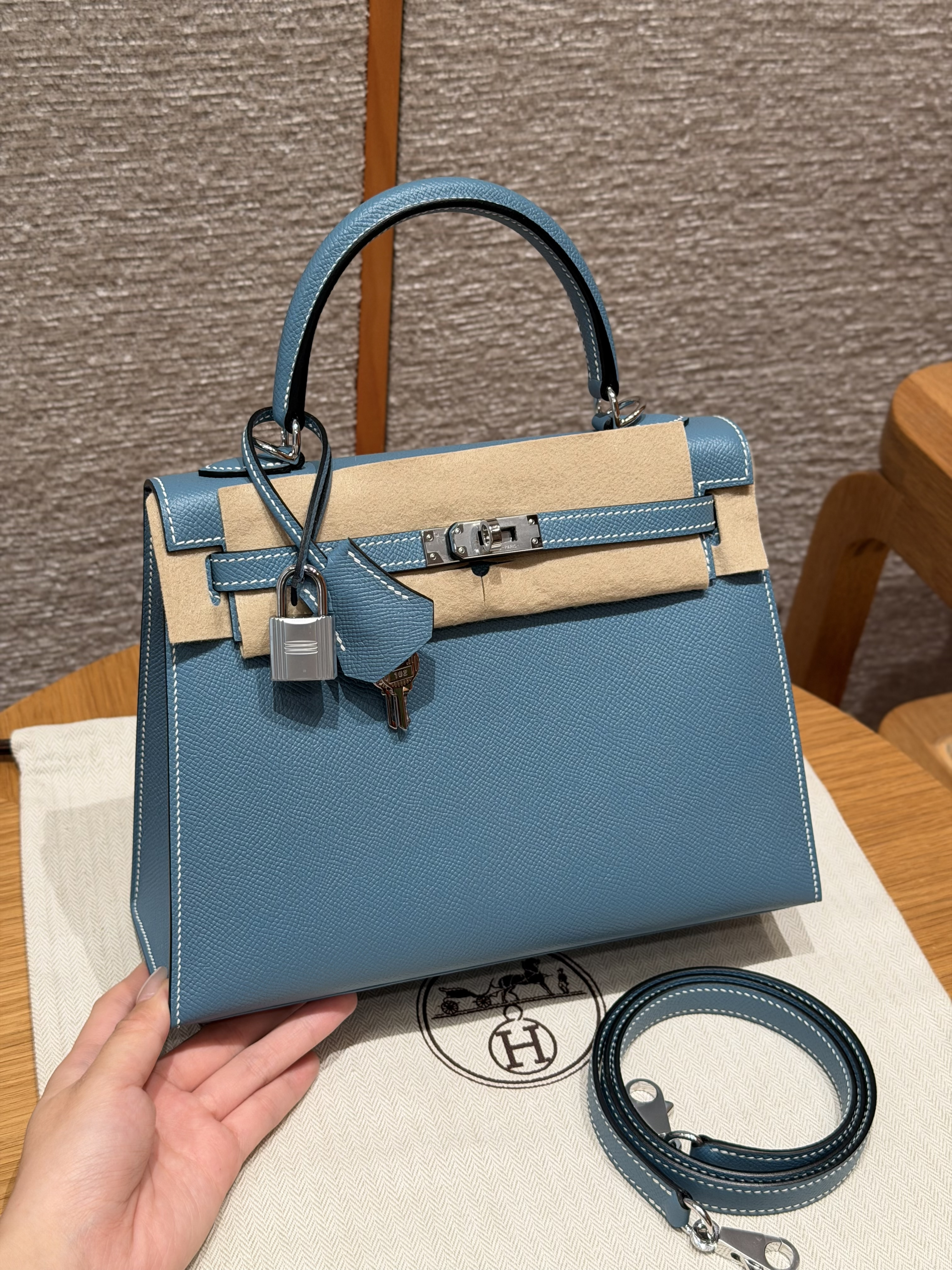 에르메스 Hermes Kelly 25cm Epsom 75 Blue Jean/silver