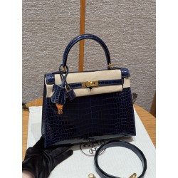 에르메스 Hermes Kelly 25cm Porosus crocodile 78 Blue Marine/gold