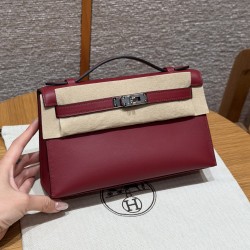 에르메스 Hermes Kelly Pochette 22cm Swift 55 Rouge H/silver