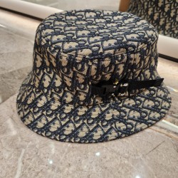 디올 Dior 오블리크 버킷햇 네이비 블루 & 베이지 코튼 블렌디드 자카드