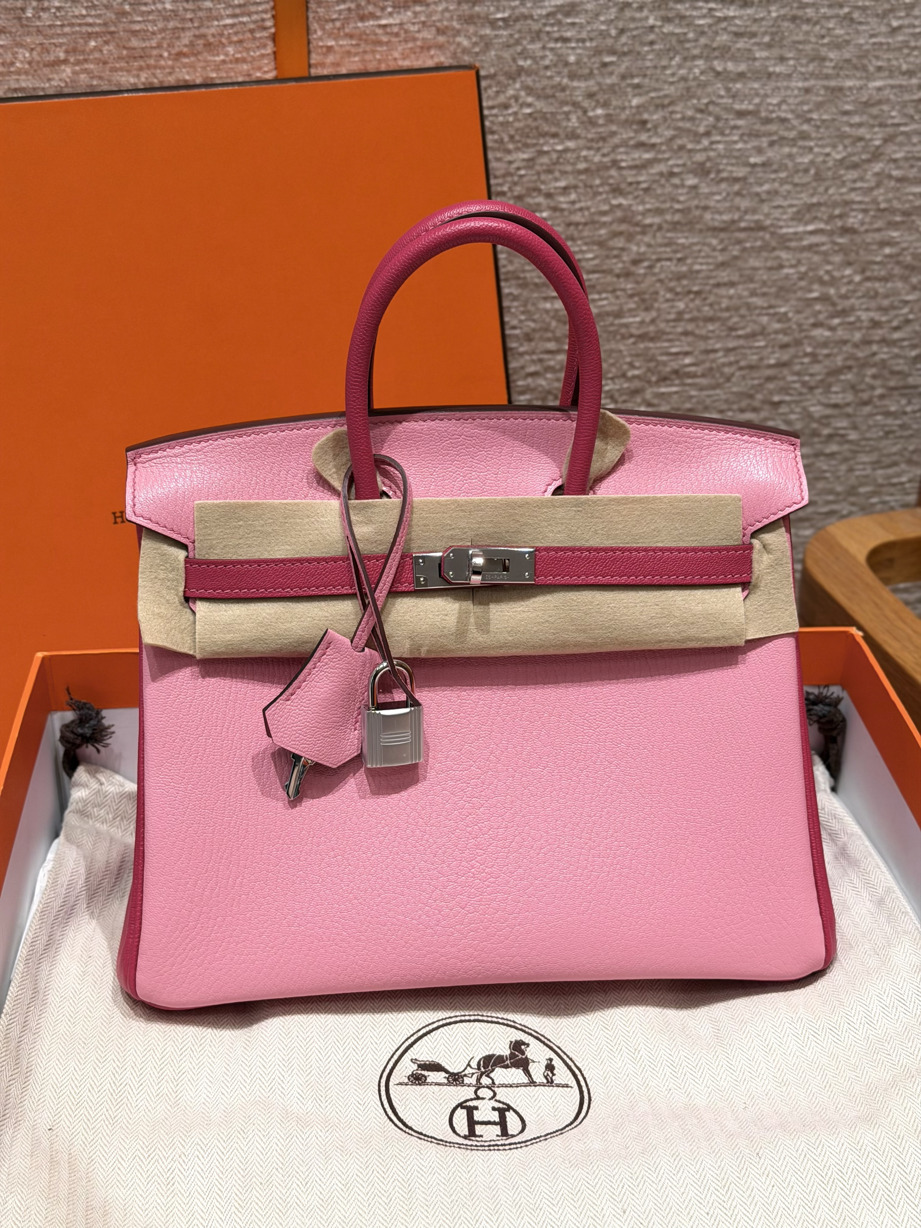에르메스 Hermes Birkin 25cm Chèvre 5P Pink and E5 Rose Tyrien/silver