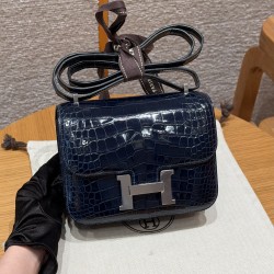 에르메스 Hermes Constance 19cm Alligator 78 Blue Marine/silver