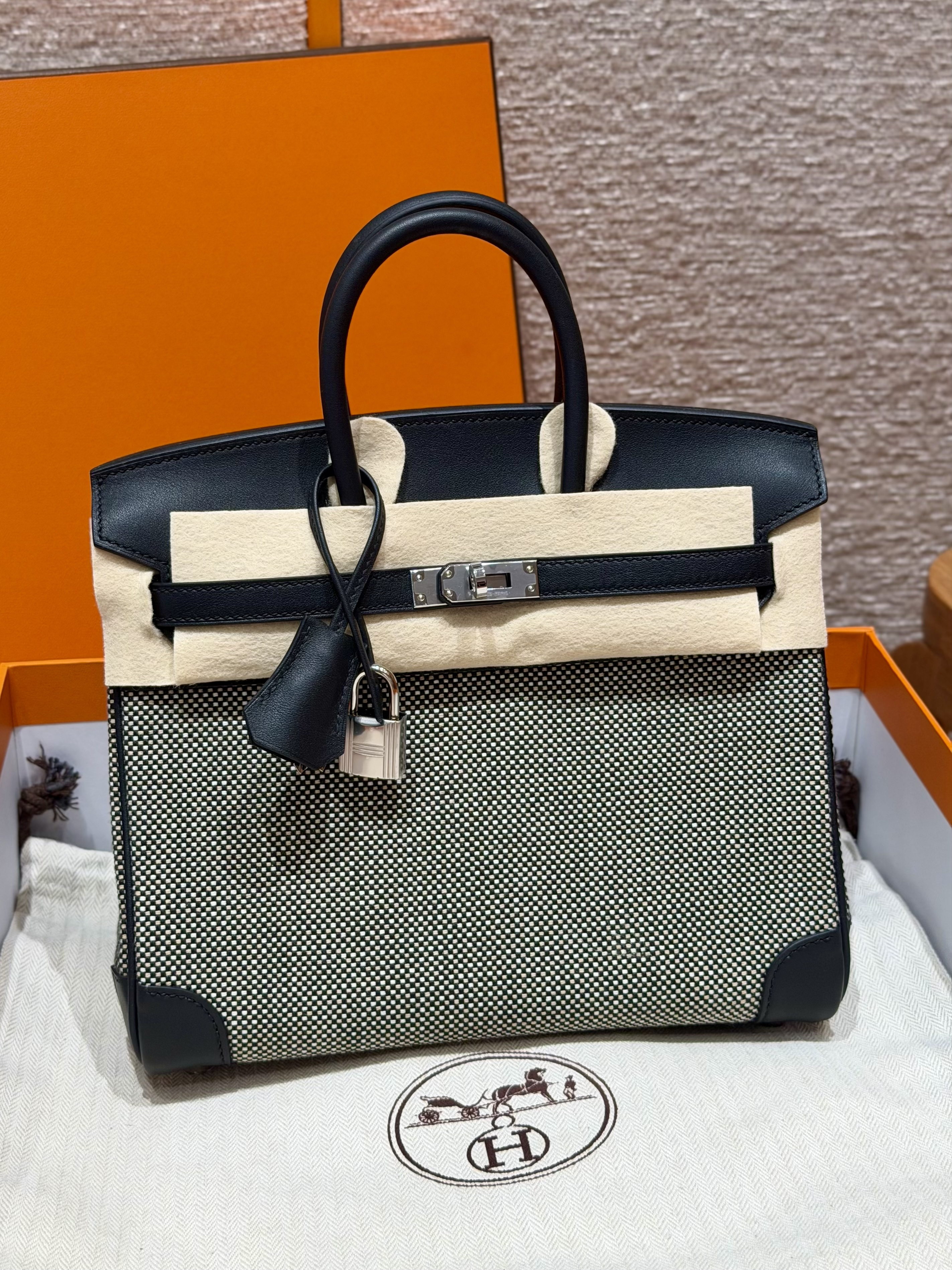에르메스 Hermes Toile H Birkin 25cm Swift and Waffle Canvas Noir Ecru fauve/silver