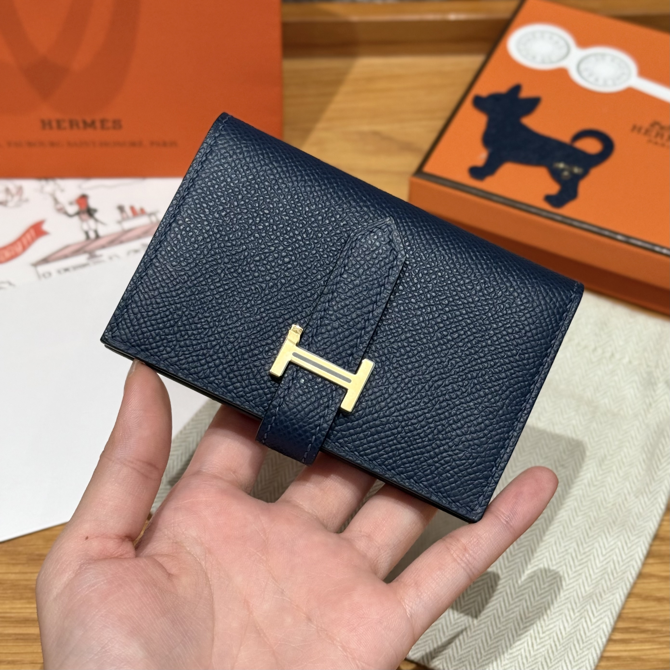 에르메스 Hermes Bearn mini wallet 10.3cm Epsom 2Z Blue Nuit/gold