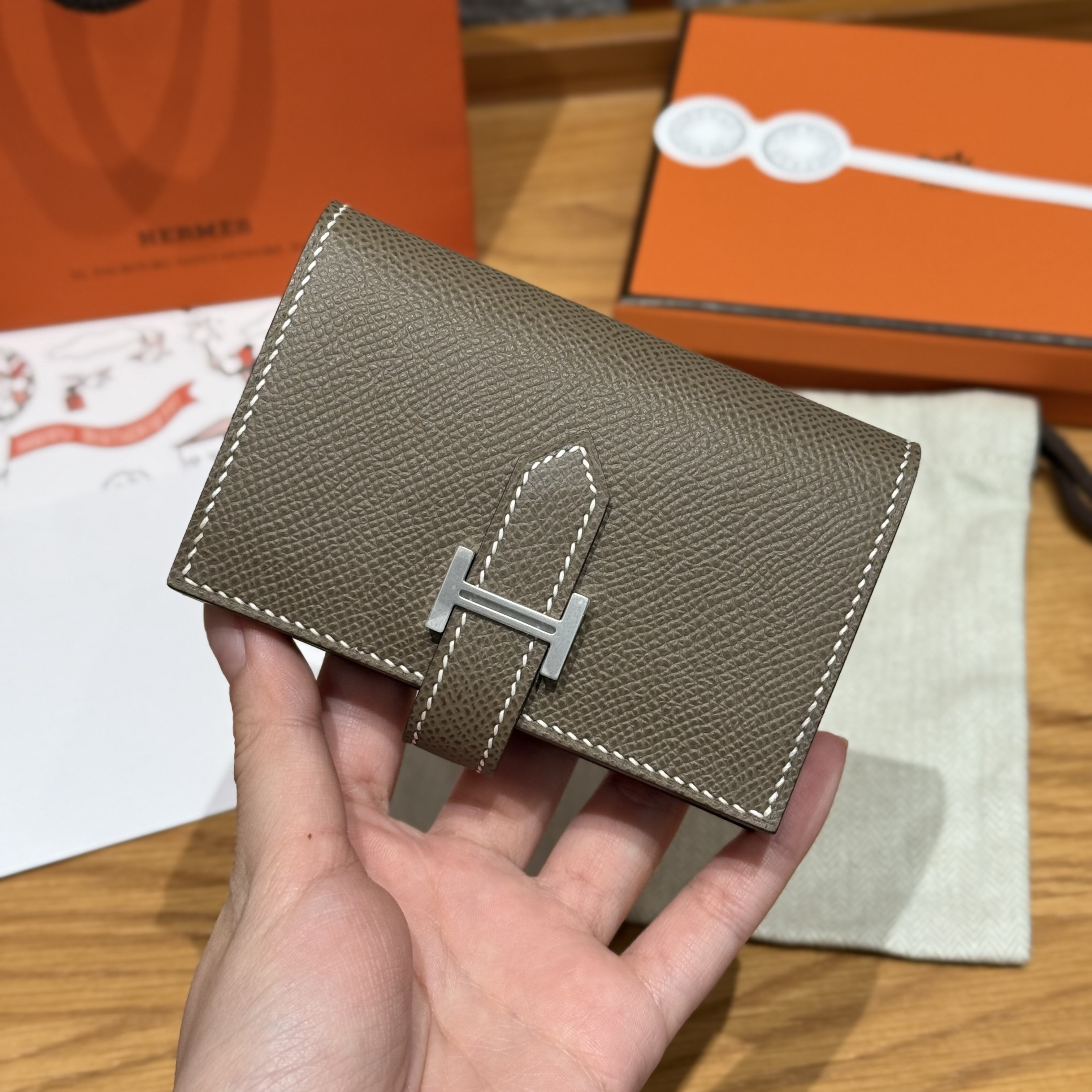 에르메스 Hermes Bearn mini wallet 10.3cm Epsom 18 Etoupe/silver