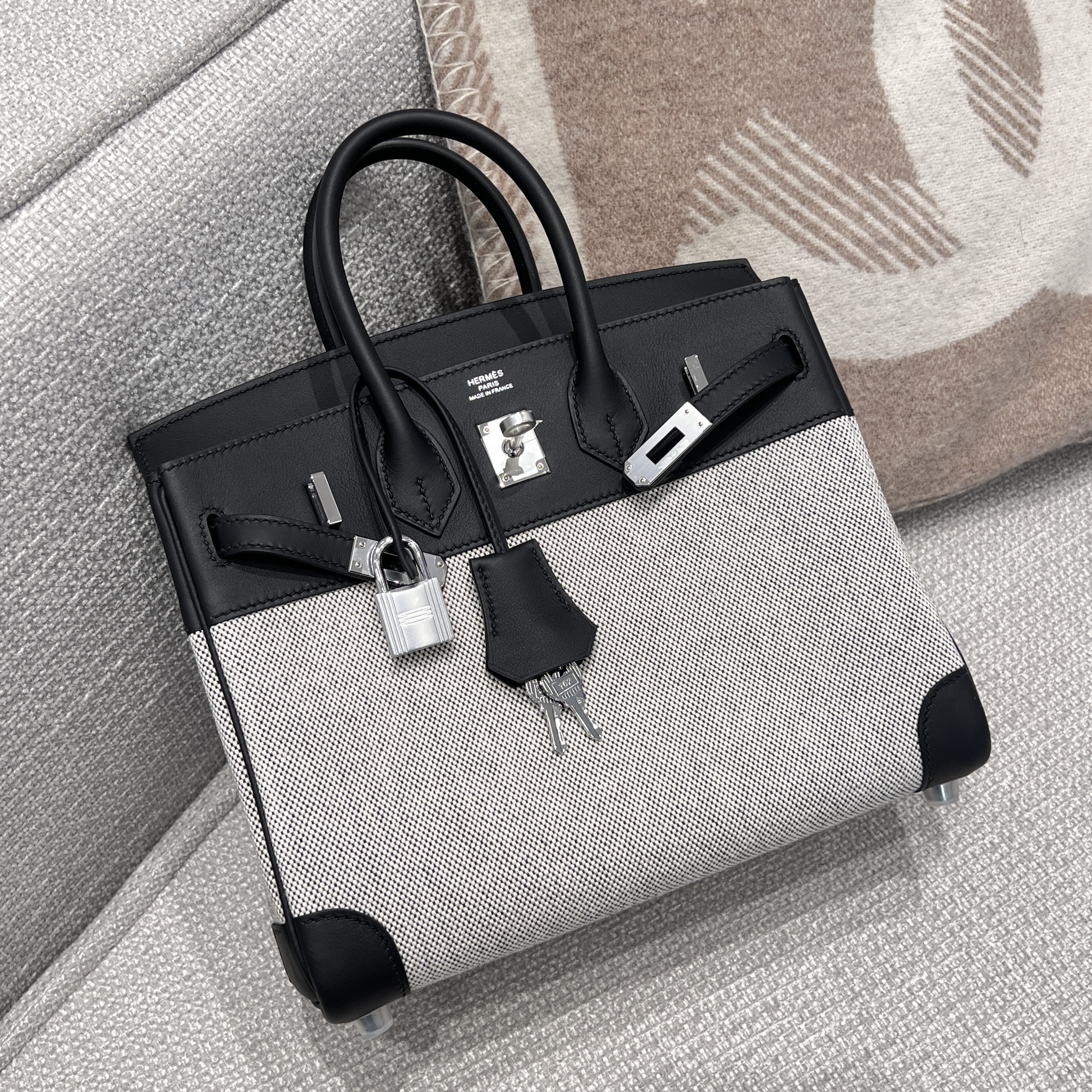 에르메스 Hermes Birkin 25cm Toile France Leather 89 Noir/silver