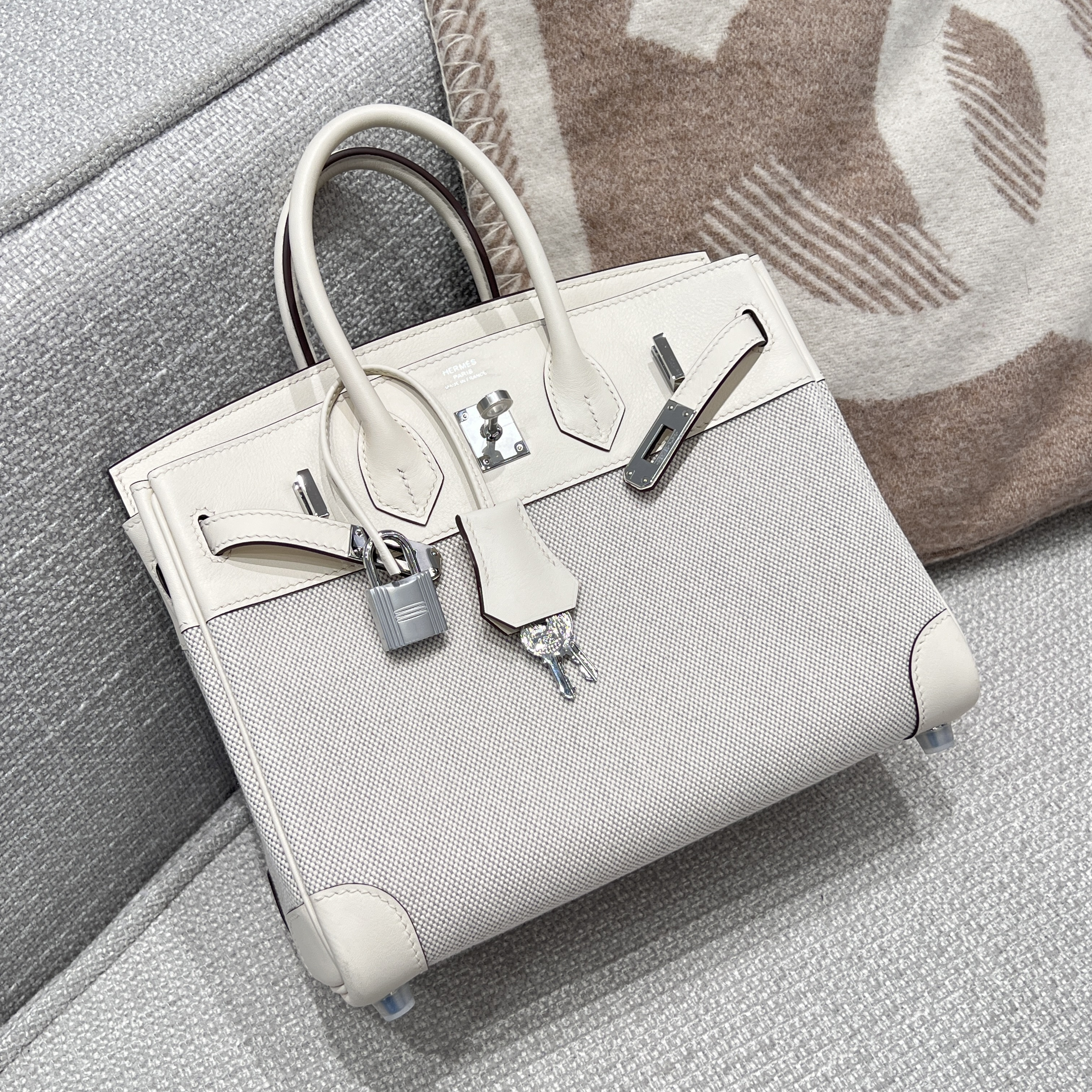 에르메스 Hermes Birkin 25cm Toile France Leather i2 Nata/silver
